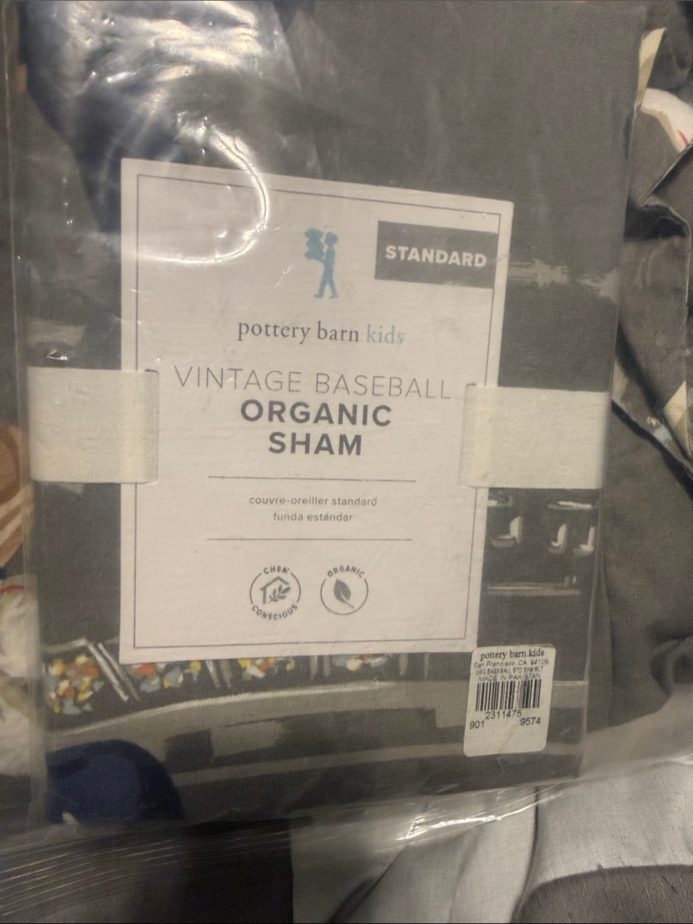Pottery Barn Kids Gray and Navy Vintage Baseball Organic duvet cover w/ 2 Shams - Picture 2 of 3